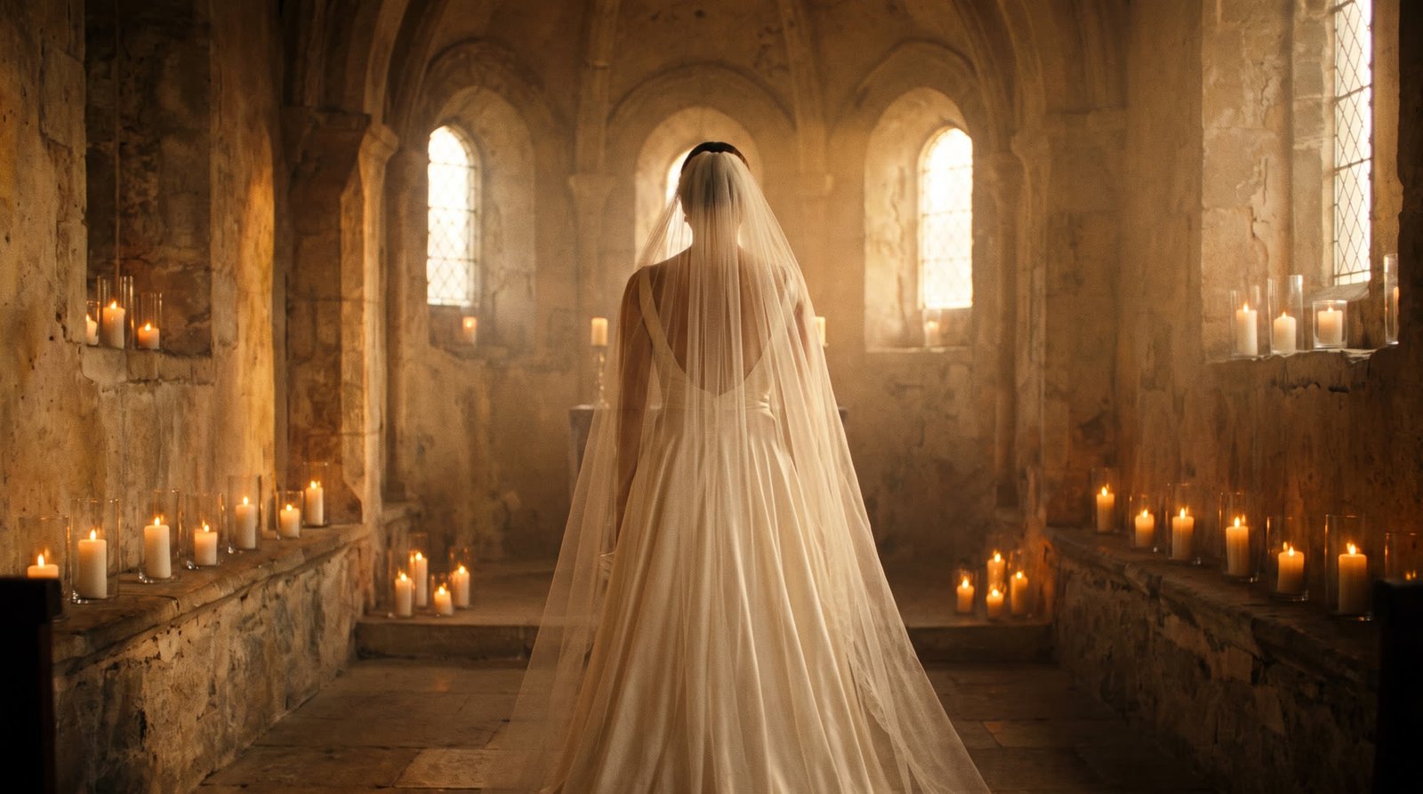 Bride in an ivory couture gown in a candlelit chapel