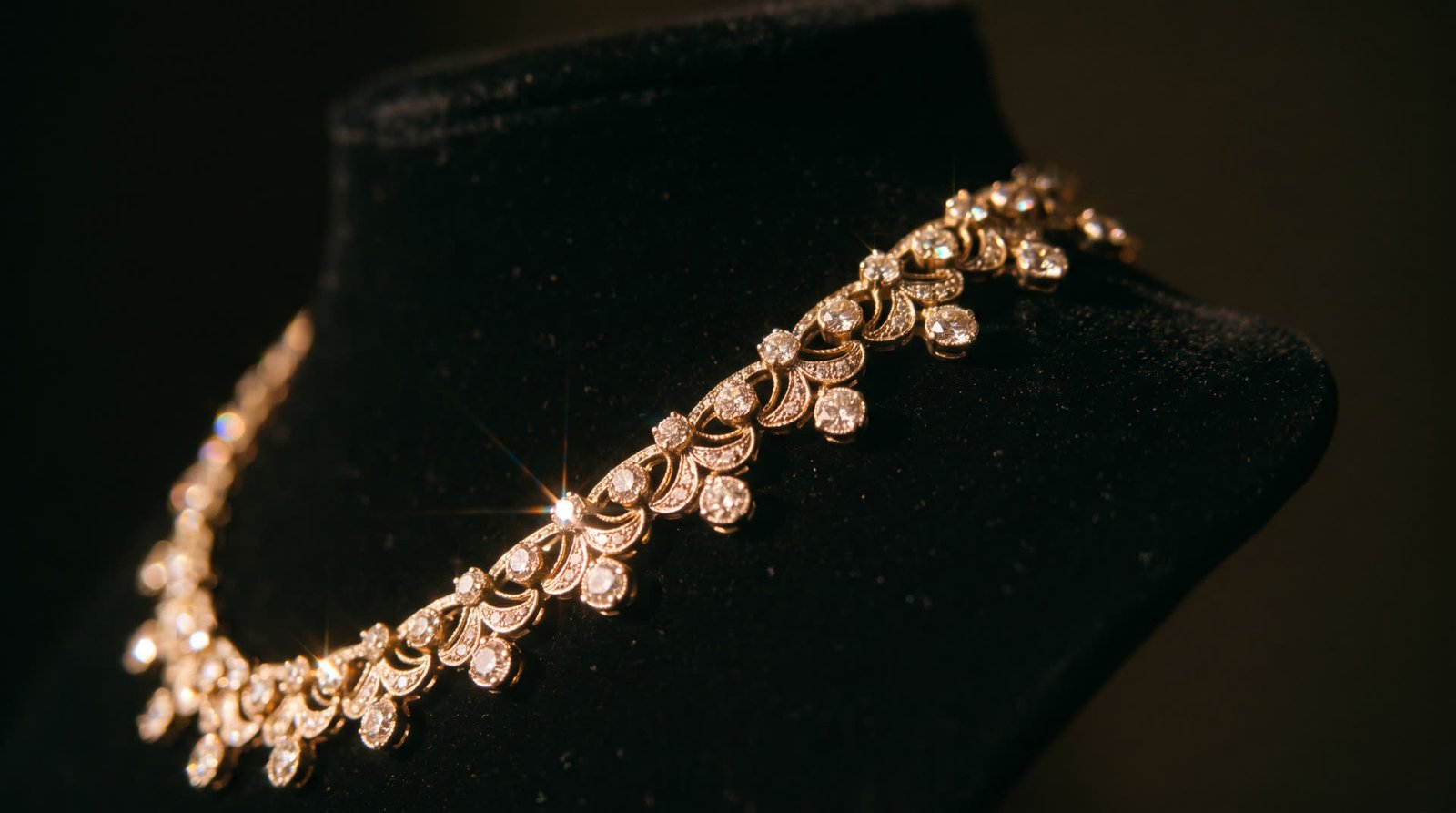 Diamond necklace on a black velvet bust