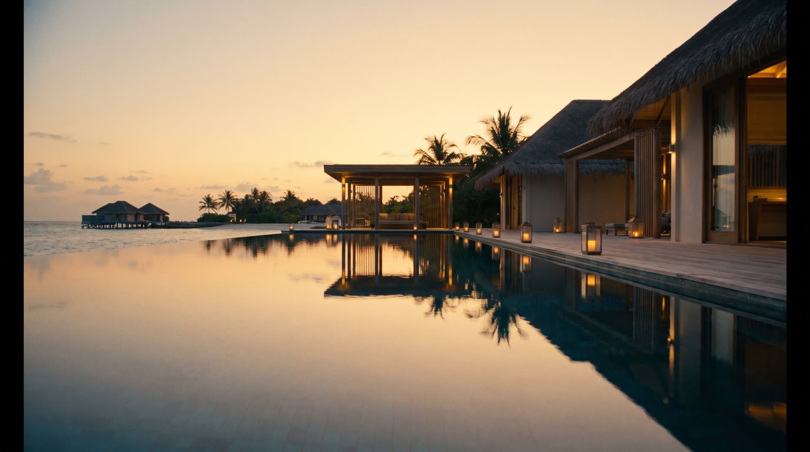 Overwater villa infinity pool at dusk